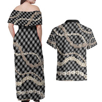 Black Aloha Hawaii Shell Lei Couples Matching Off Shoulder Maxi Dress and Hawaiian Shirt Palaka Hebrew Cone Honey Cowrie Elegant Curves - Polynesian Pride