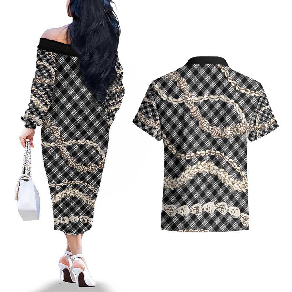 Black Aloha Hawaii Shell Lei Couples Matching Off The Shoulder Long Sleeve Dress and Hawaiian Shirt Palaka Hebrew Cone Honey Cowrie Elegant Curves - Polynesian Pride
