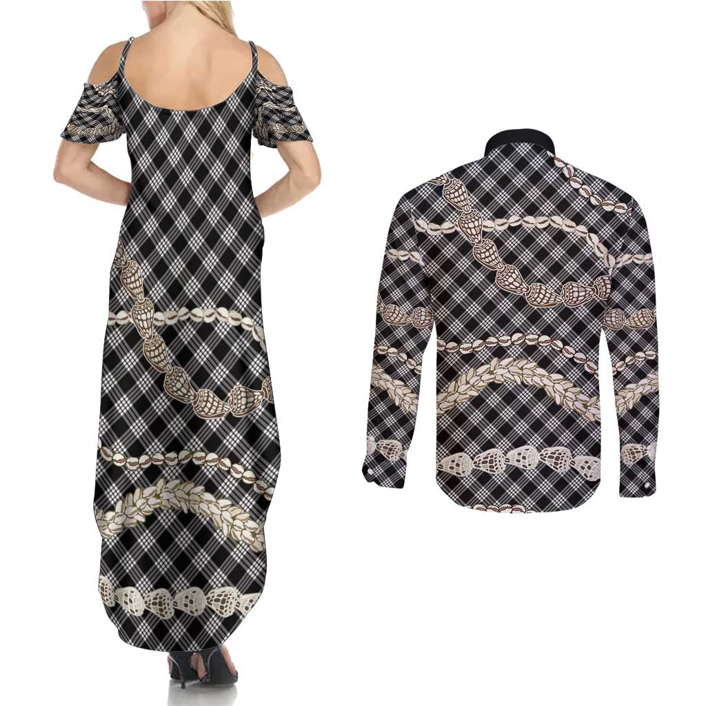 Black Aloha Hawaii Shell Lei Couples Matching Summer Maxi Dress and Long Sleeve Button Shirt Palaka Hebrew Cone Honey Cowrie Elegant Curves - Polynesian Pride