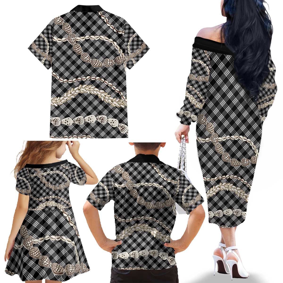 Black Aloha Hawaii Shell Lei Family Matching Off The Shoulder Long Sleeve Dress and Hawaiian Shirt Palaka Hebrew Cone Honey Cowrie Elegant Curves - Polynesian Pride
