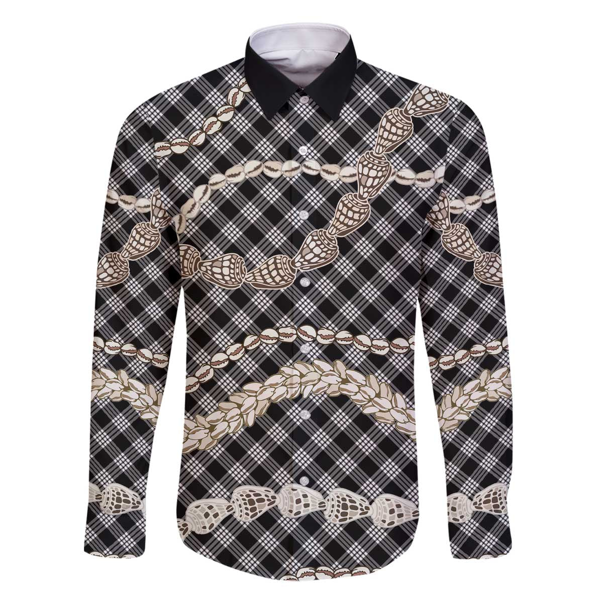 Black Aloha Hawaii Shell Lei Family Matching Off The Shoulder Long Sleeve Dress and Hawaiian Shirt Palaka Hebrew Cone Honey Cowrie Elegant Curves - Polynesian Pride