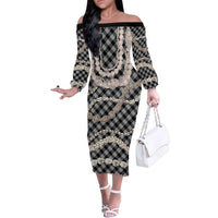 Black Aloha Hawaii Shell Lei Family Matching Off The Shoulder Long Sleeve Dress and Hawaiian Shirt Palaka Hebrew Cone Honey Cowrie Elegant Curves - Polynesian Pride