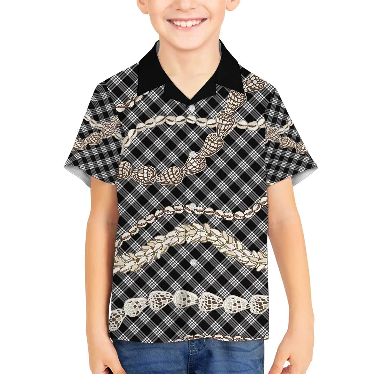 Black Aloha Hawaii Shell Lei Family Matching Off The Shoulder Long Sleeve Dress and Hawaiian Shirt Palaka Hebrew Cone Honey Cowrie Elegant Curves - Polynesian Pride