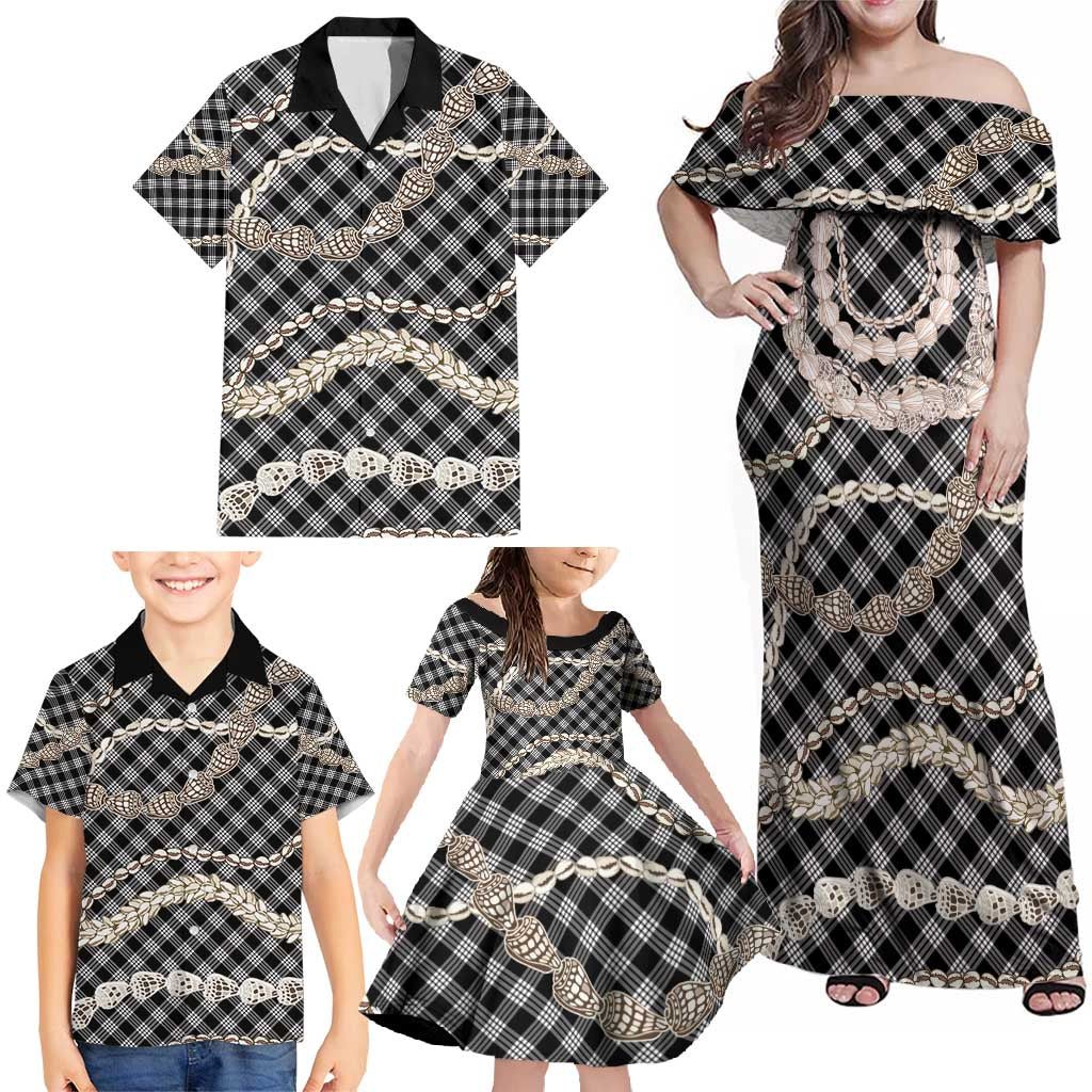 Black Aloha Hawaii Shell Lei Family Matching Off Shoulder Maxi Dress and Hawaiian Shirt Palaka Hebrew Cone Honey Cowrie Elegant Curves - Polynesian Pride