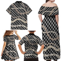 Black Aloha Hawaii Shell Lei Family Matching Off Shoulder Maxi Dress and Hawaiian Shirt Palaka Hebrew Cone Honey Cowrie Elegant Curves - Polynesian Pride