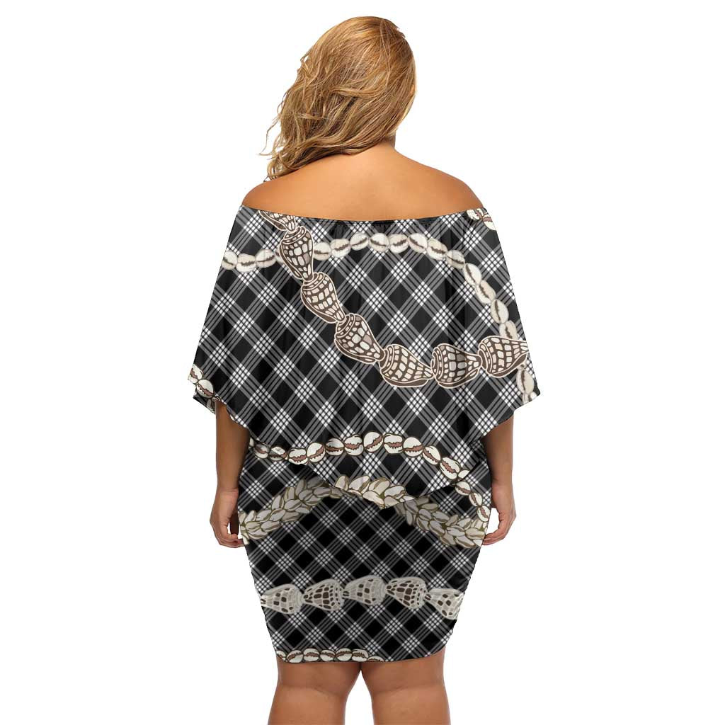 Black Aloha Hawaii Shell Lei Family Matching Off Shoulder Short Dress and Hawaiian Shirt Palaka Hebrew Cone Honey Cowrie Elegant Curves - Polynesian Pride