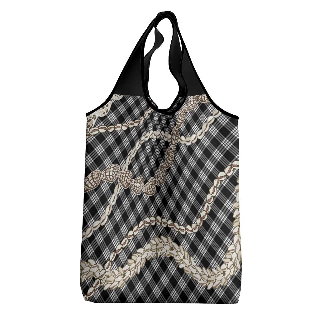 Black Aloha Hawaii Shell Lei Grocery Bag Palaka Hebrew Cone Honey Cowrie Elegant Curves - Polynesian Pride