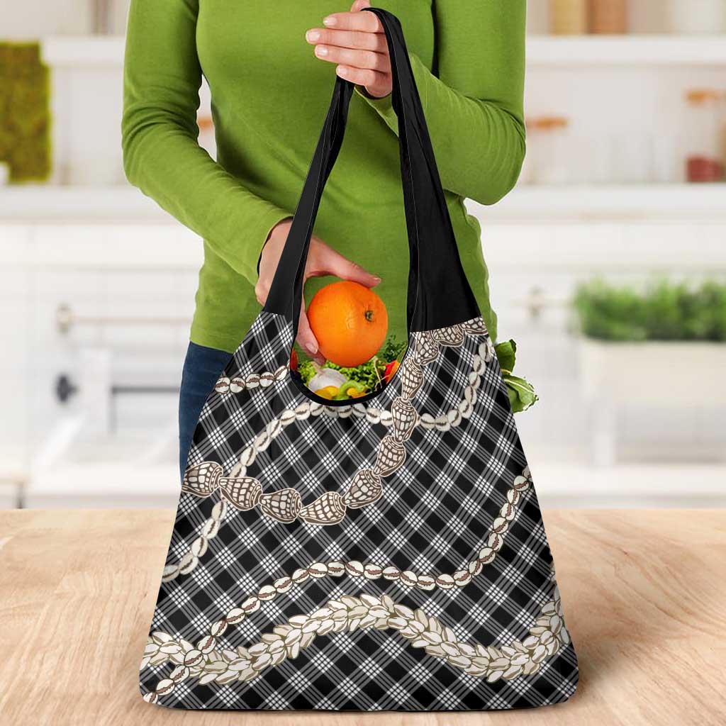 Black Aloha Hawaii Shell Lei Grocery Bag Palaka Hebrew Cone Honey Cowrie Elegant Curves - Polynesian Pride