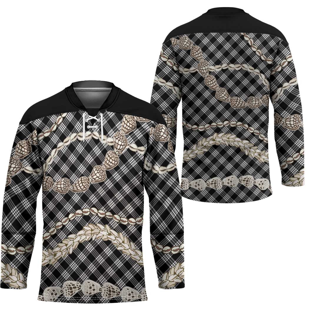 Black Aloha Hawaii Shell Lei Hockey Jersey Palaka Hebrew Cone Honey Cowrie Elegant Curves - Polynesian Pride