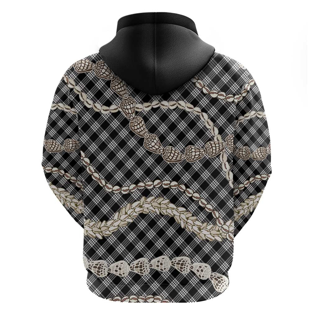 Black Aloha Hawaii Shell Lei Hoodie Palaka Hebrew Cone Honey Cowrie Elegant Curves - Polynesian Pride