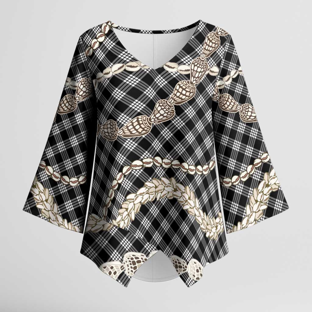 Black Aloha Hawaii Shell Lei Kimono Sleeve Blouse Palaka Hebrew Cone Honey Cowrie Elegant Curves - Polynesian Pride