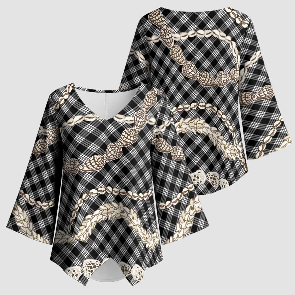 Black Aloha Hawaii Shell Lei Kimono Sleeve Blouse Palaka Hebrew Cone Honey Cowrie Elegant Curves - Polynesian Pride