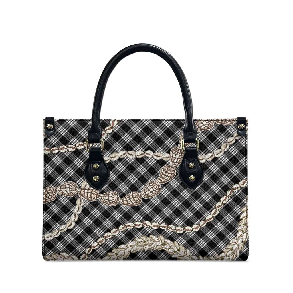 Black Aloha Hawaii Shell Lei Leather Bag Palaka Hebrew Cone Honey Cowrie Elegant Curves - Polynesian Pride