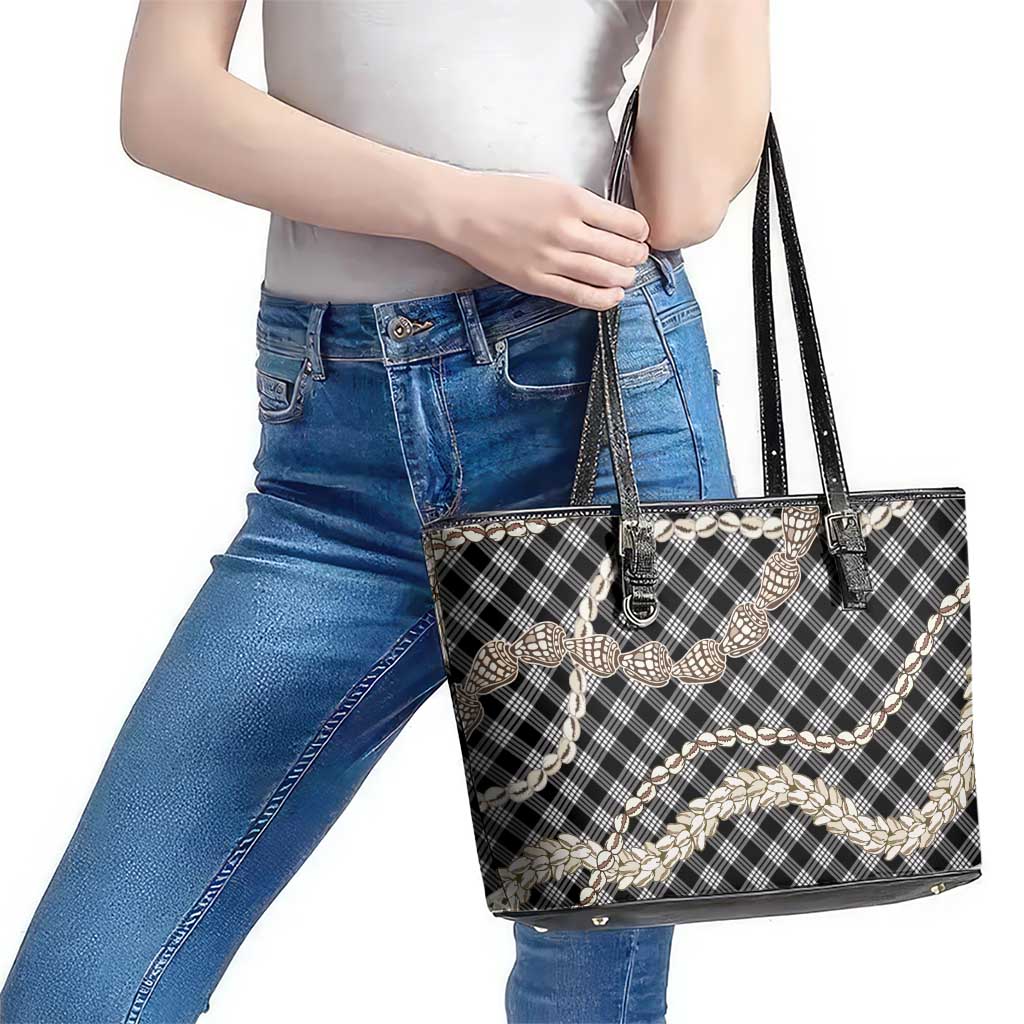 Black Aloha Hawaii Shell Lei Leather Tote Bag Palaka Hebrew Cone Honey Cowrie Elegant Curves - Polynesian Pride