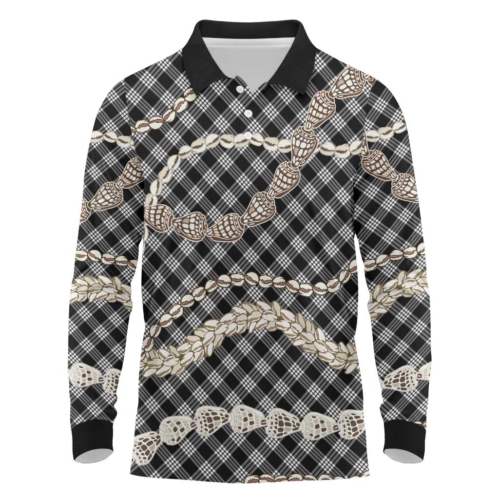 Black Aloha Hawaii Shell Lei Long Sleeve Polo Shirt Palaka Hebrew Cone Honey Cowrie Elegant Curves - Polynesian Pride