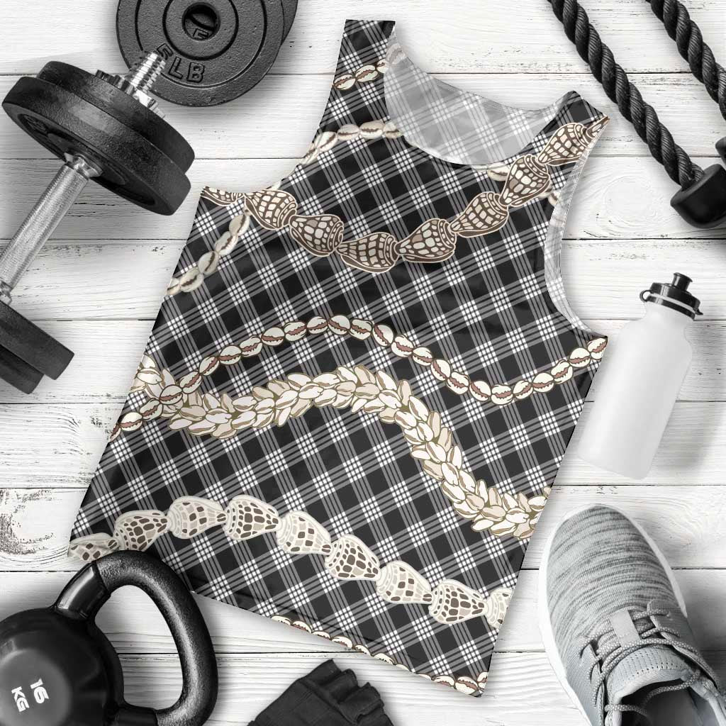 Black Aloha Hawaii Shell Lei Men Tank Top Palaka Hebrew Cone Honey Cowrie Elegant Curves - Polynesian Pride