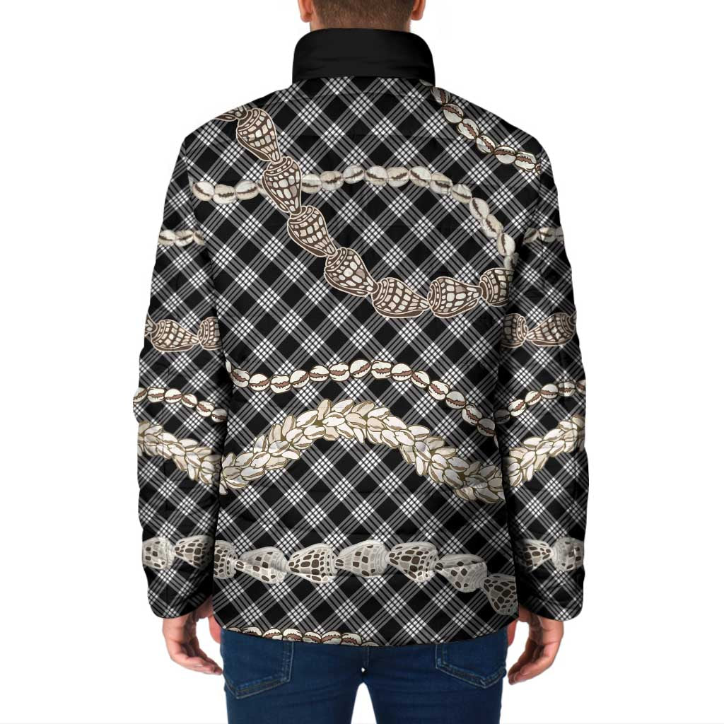 Black Aloha Hawaii Shell Lei Padded Jacket Palaka Hebrew Cone Honey Cowrie Elegant Curves - Polynesian Pride