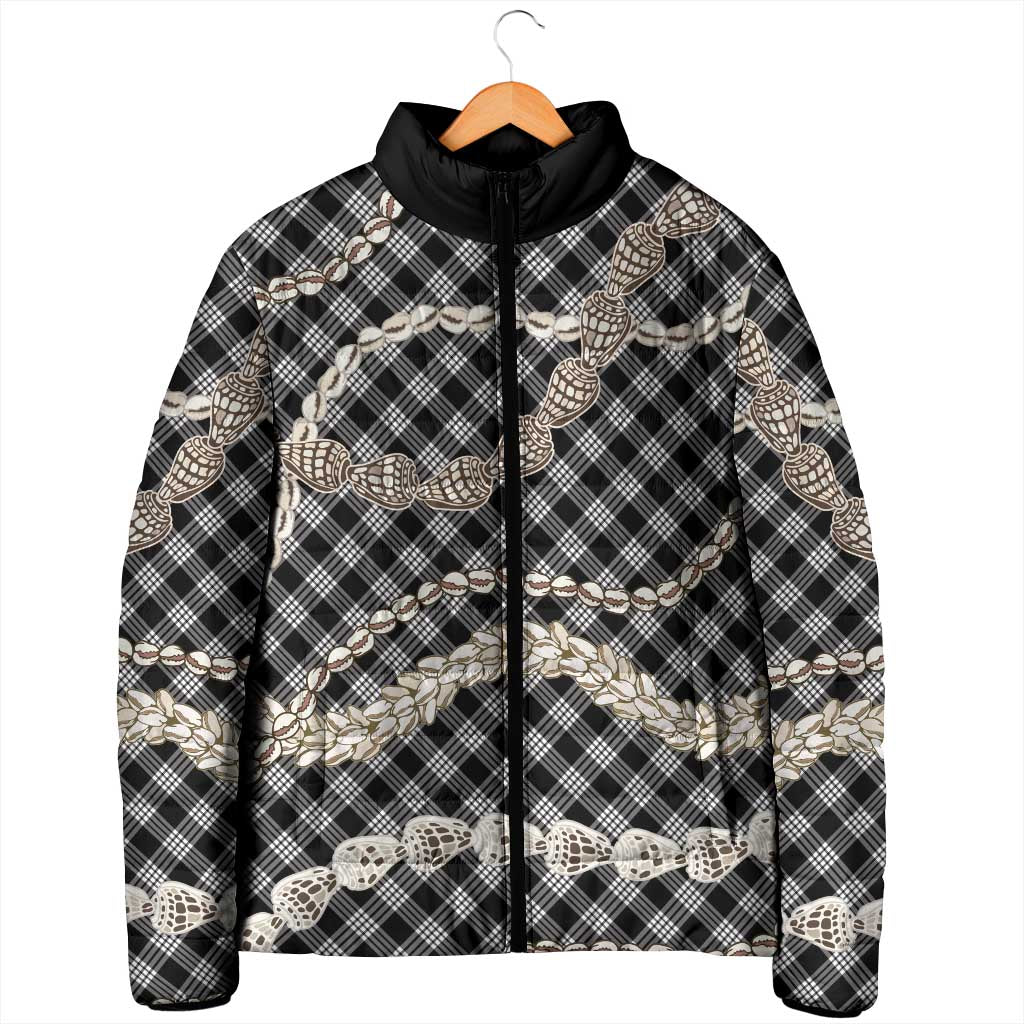 Black Aloha Hawaii Shell Lei Padded Jacket Palaka Hebrew Cone Honey Cowrie Elegant Curves - Polynesian Pride