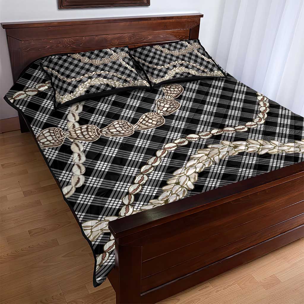 Black Aloha Hawaii Shell Lei Quilt Bed Set Palaka Hebrew Cone Honey Cowrie Elegant Curves - Polynesian Pride