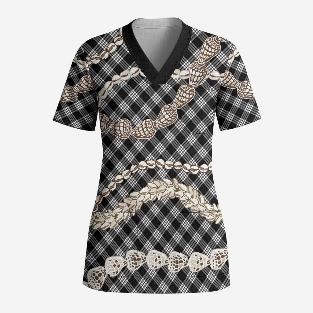 Black Aloha Hawaii Shell Lei Scrub Top Palaka Hebrew Cone Honey Cowrie Elegant Curves - Polynesian Pride