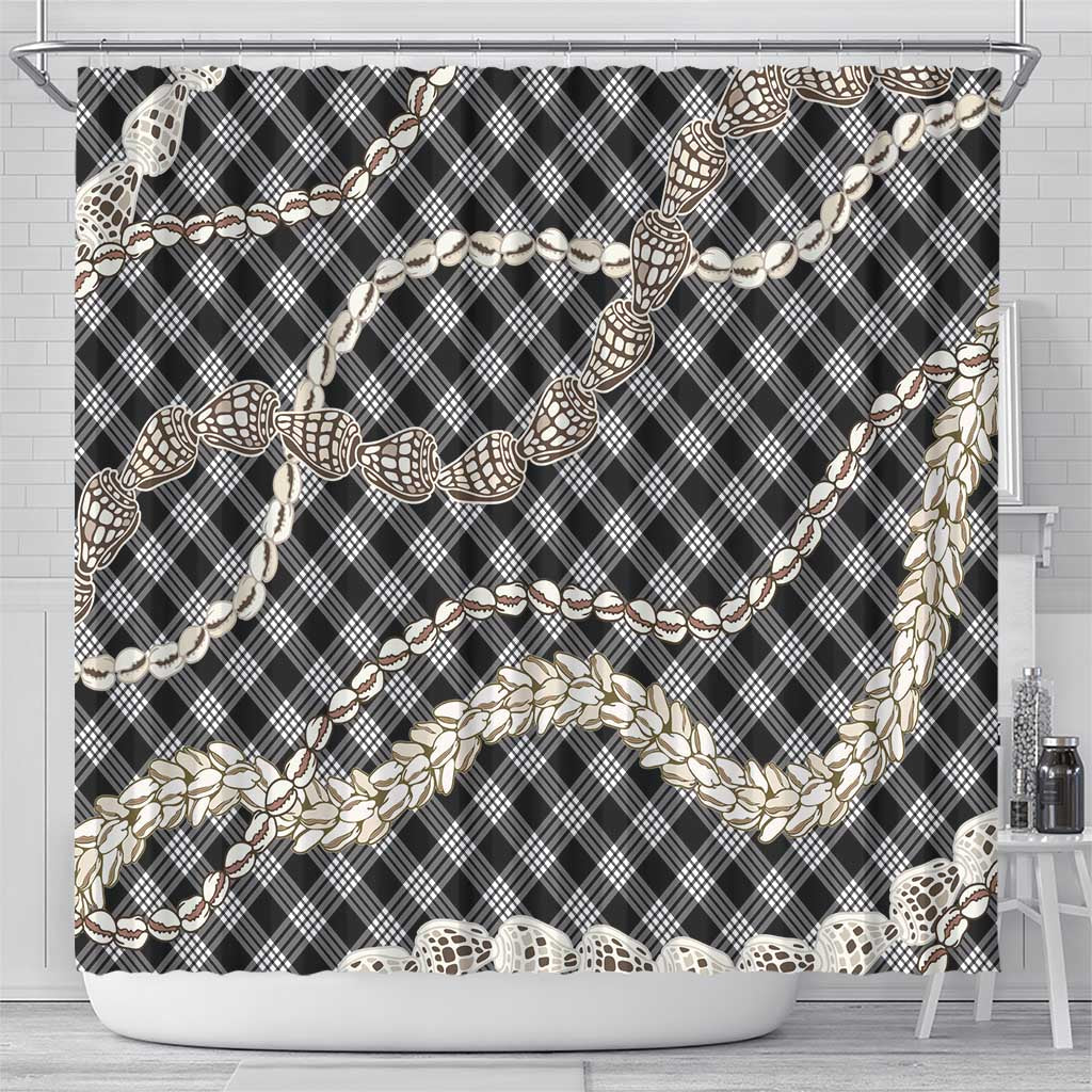 Black Aloha Hawaii Shell Lei Shower Curtain Palaka Hebrew Cone Honey Cowrie Elegant Curves - Polynesian Pride