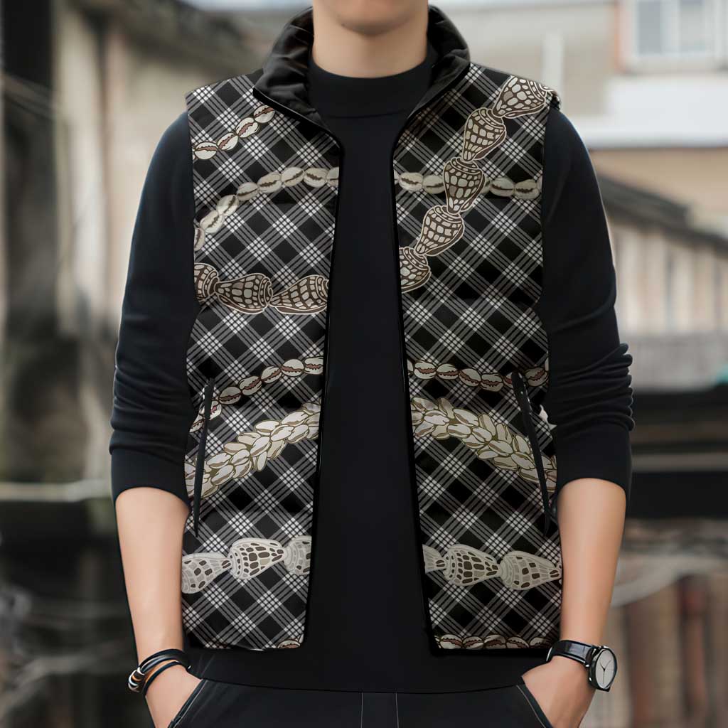 Black Aloha Hawaii Shell Lei Sleeveless Puffer Jacket Palaka Hebrew Cone Honey Cowrie Elegant Curves - Polynesian Pride