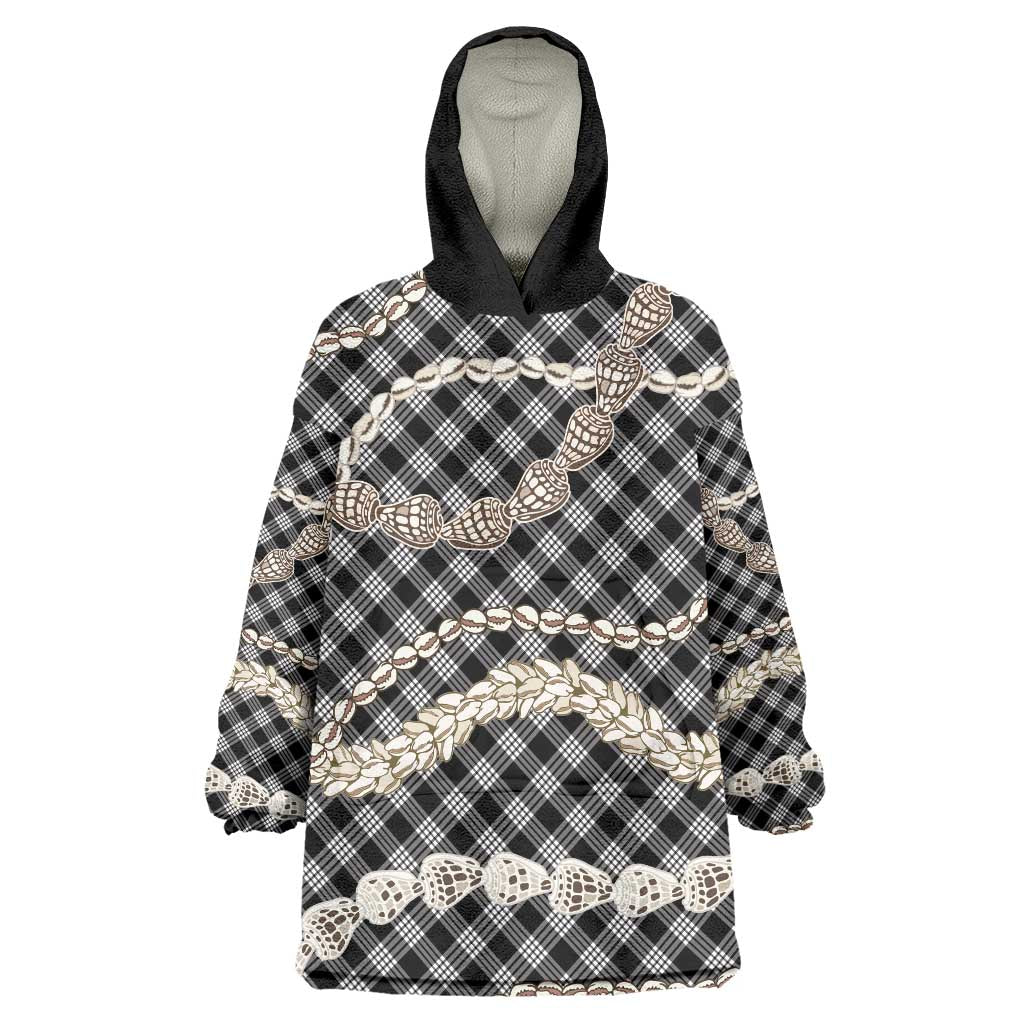 Black Aloha Hawaii Shell Lei Wearable Blanket Hoodie Palaka Hebrew Cone Honey Cowrie Elegant Curves - Polynesian Pride