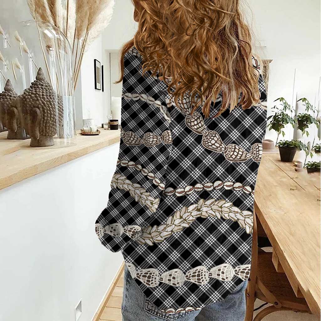 Black Aloha Hawaii Shell Lei Women Casual Shirt Palaka Hebrew Cone Honey Cowrie Elegant Curves - Polynesian Pride