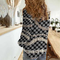 Black Aloha Hawaii Shell Lei Women Casual Shirt Palaka Hebrew Cone Honey Cowrie Elegant Curves - Polynesian Pride