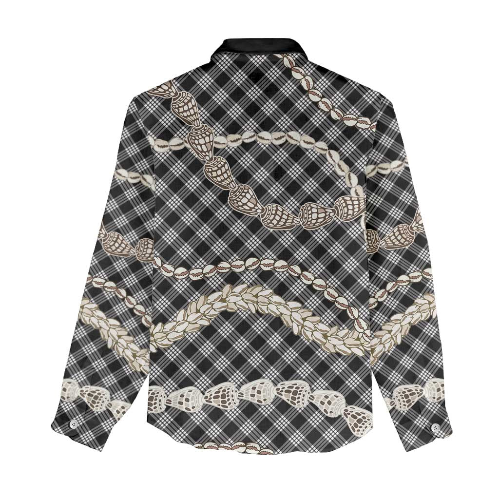 Black Aloha Hawaii Shell Lei Women Casual Shirt Palaka Hebrew Cone Honey Cowrie Elegant Curves - Polynesian Pride