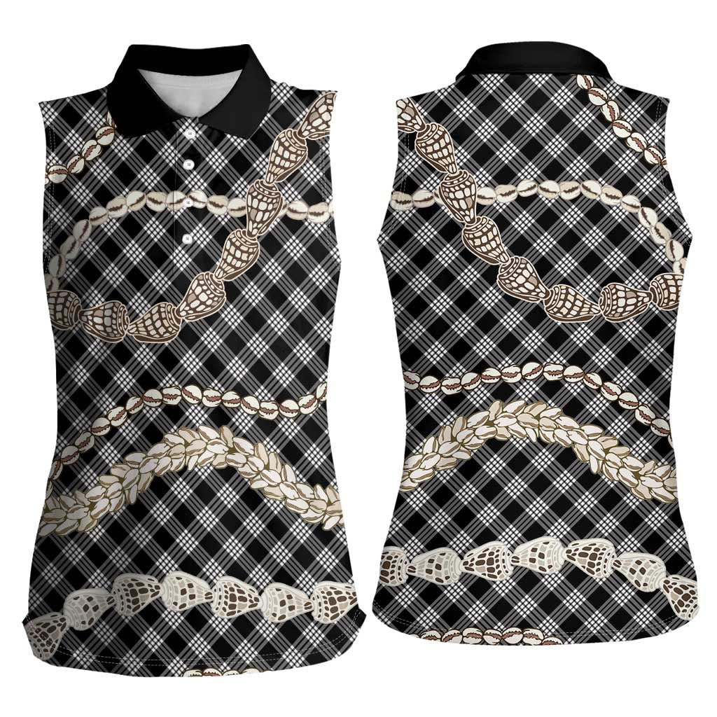 Black Aloha Hawaii Shell Lei Women Sleeveless Polo Shirt Palaka Hebrew Cone Honey Cowrie Elegant Curves - Polynesian Pride