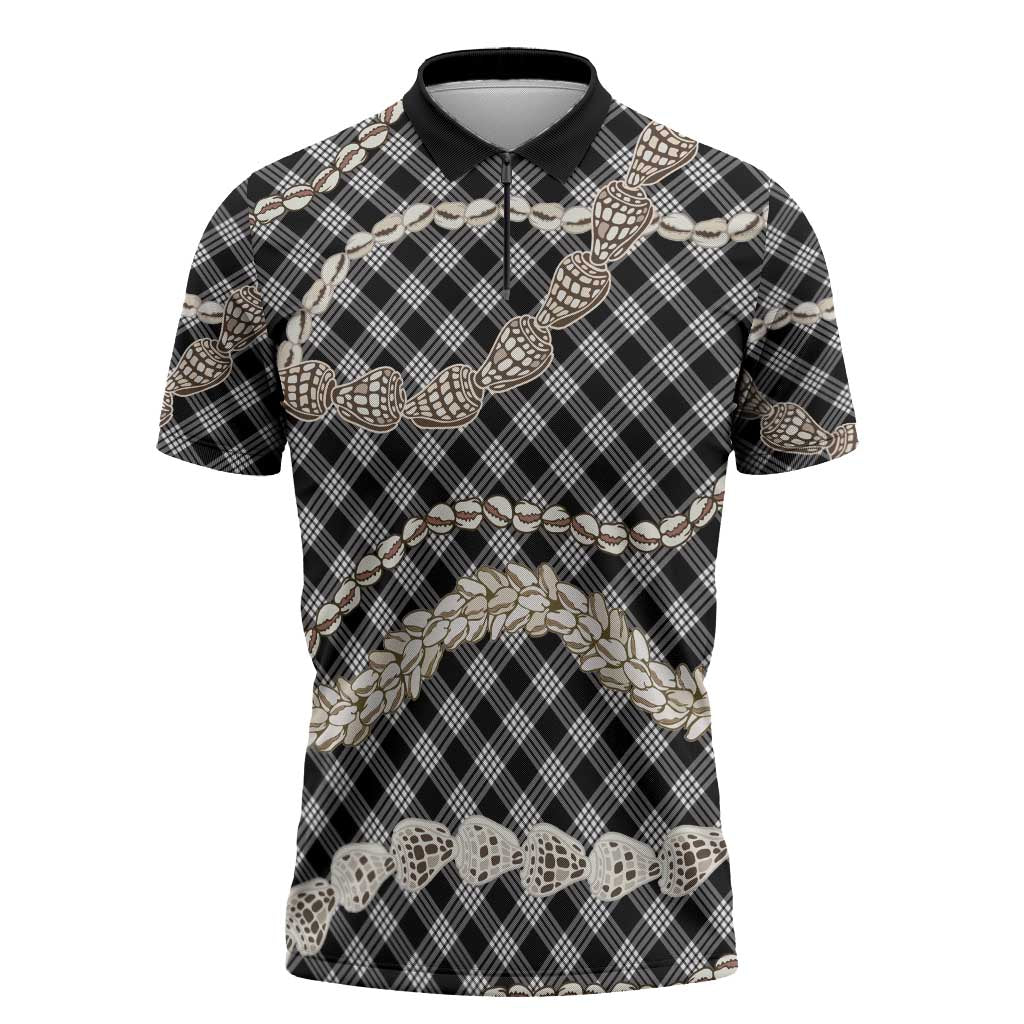 Black Aloha Hawaii Shell Lei Zipper Polo Shirt Palaka Hebrew Cone Honey Cowrie Elegant Curves - Polynesian Pride