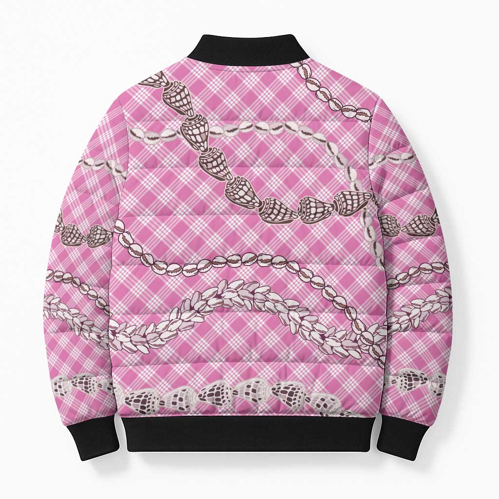 Pink Aloha Hawaii Shell Lei Bomber Puffer Jacket Palaka Hebrew Cone Honey Cowrie Elegant Curves - Polynesian Pride