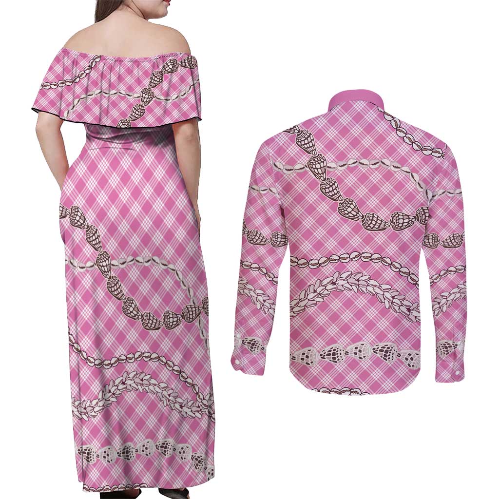Pink Aloha Hawaii Shell Lei Couples Matching Off Shoulder Maxi Dress and Long Sleeve Button Shirt Palaka Hebrew Cone Honey Cowrie Elegant Curves - Polynesian Pride