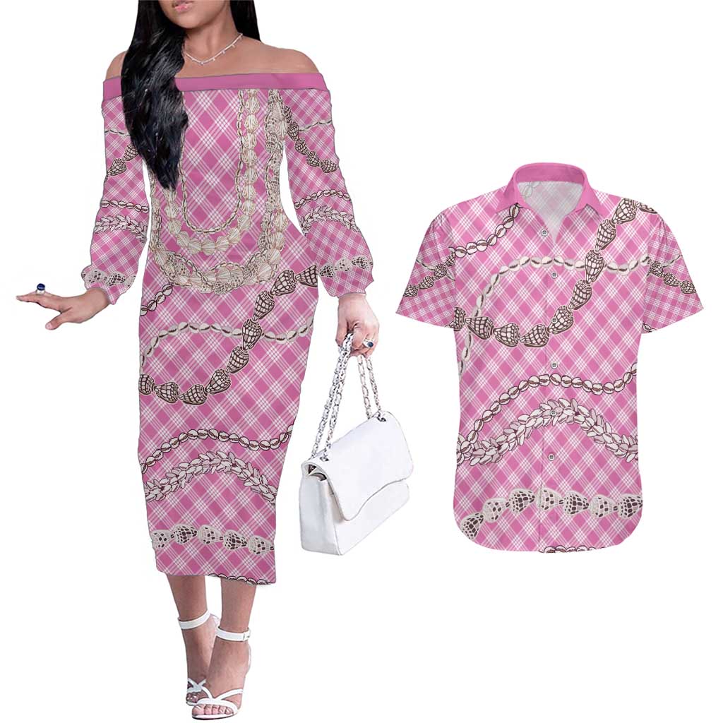Pink Aloha Hawaii Shell Lei Couples Matching Off The Shoulder Long Sleeve Dress and Hawaiian Shirt Palaka Hebrew Cone Honey Cowrie Elegant Curves - Polynesian Pride