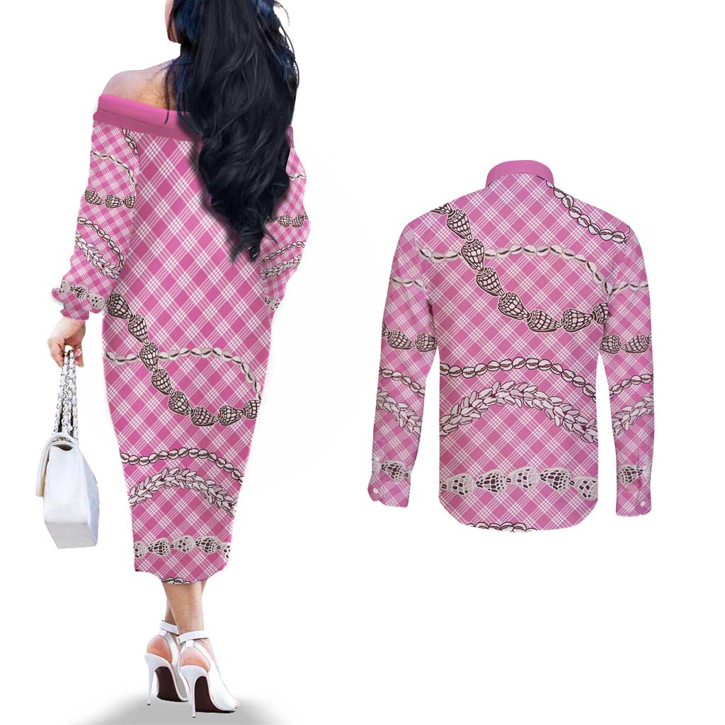 Pink Aloha Hawaii Shell Lei Couples Matching Off The Shoulder Long Sleeve Dress and Long Sleeve Button Shirt Palaka Hebrew Cone Honey Cowrie Elegant Curves - Polynesian Pride