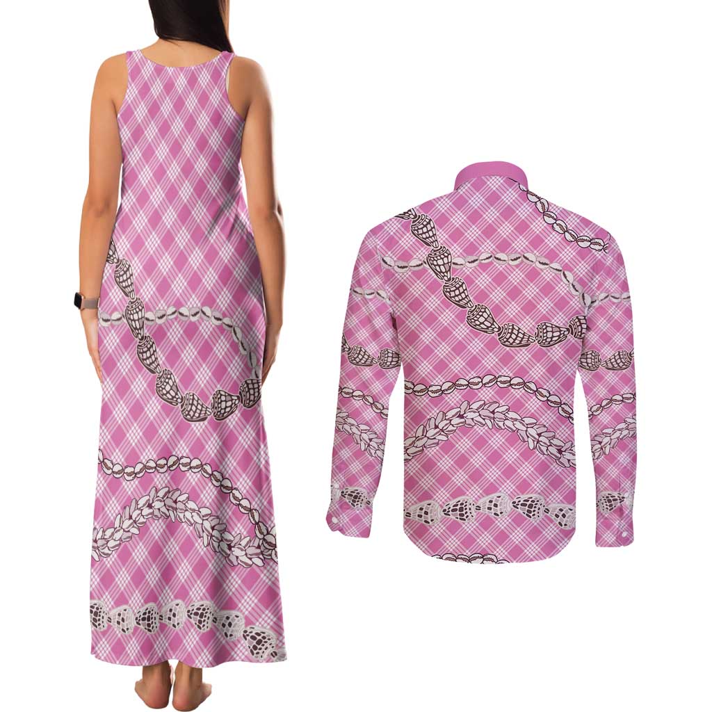 Pink Aloha Hawaii Shell Lei Couples Matching Tank Maxi Dress and Long Sleeve Button Shirt Palaka Hebrew Cone Honey Cowrie Elegant Curves - Polynesian Pride