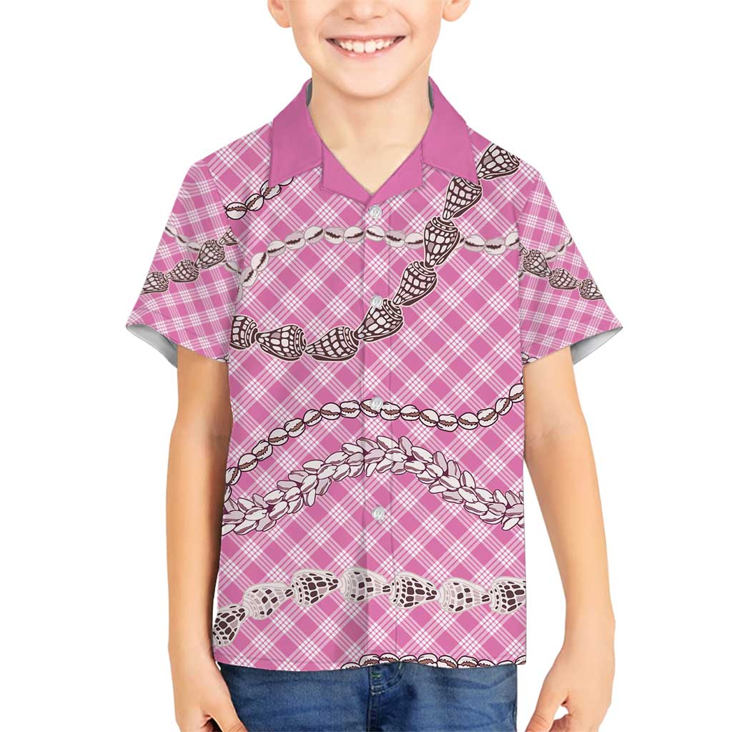 Pink Aloha Hawaii Shell Lei Family Matching Long Sleeve Bodycon Dress and Hawaiian Shirt Palaka Hebrew Cone Honey Cowrie Elegant Curves - Polynesian Pride