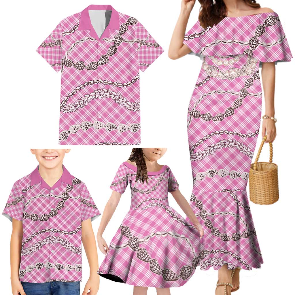 Pink Aloha Hawaii Shell Lei Family Matching Mermaid Dress and Hawaiian Shirt Palaka Hebrew Cone Honey Cowrie Elegant Curves - Polynesian Pride
