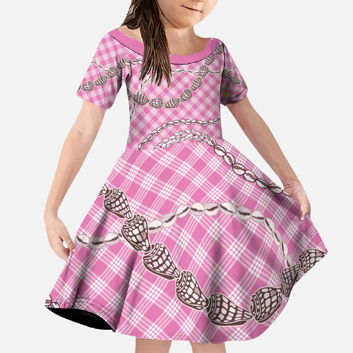 Pink Aloha Hawaii Shell Lei Family Matching Off The Shoulder Long Sleeve Dress and Hawaiian Shirt Palaka Hebrew Cone Honey Cowrie Elegant Curves - Polynesian Pride