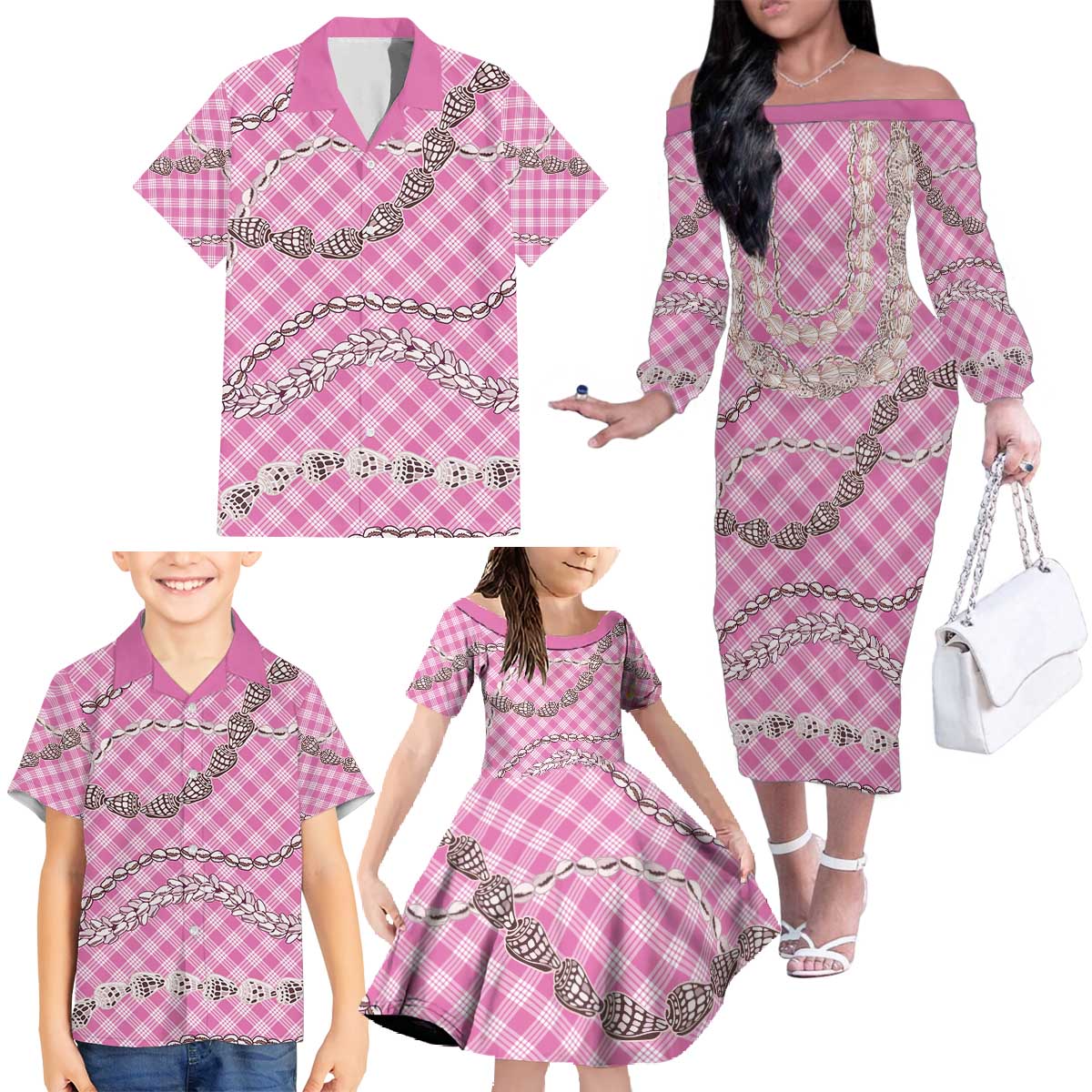Pink Aloha Hawaii Shell Lei Family Matching Off The Shoulder Long Sleeve Dress and Hawaiian Shirt Palaka Hebrew Cone Honey Cowrie Elegant Curves - Polynesian Pride