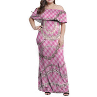 Pink Aloha Hawaii Shell Lei Family Matching Off Shoulder Maxi Dress and Hawaiian Shirt Palaka Hebrew Cone Honey Cowrie Elegant Curves - Polynesian Pride