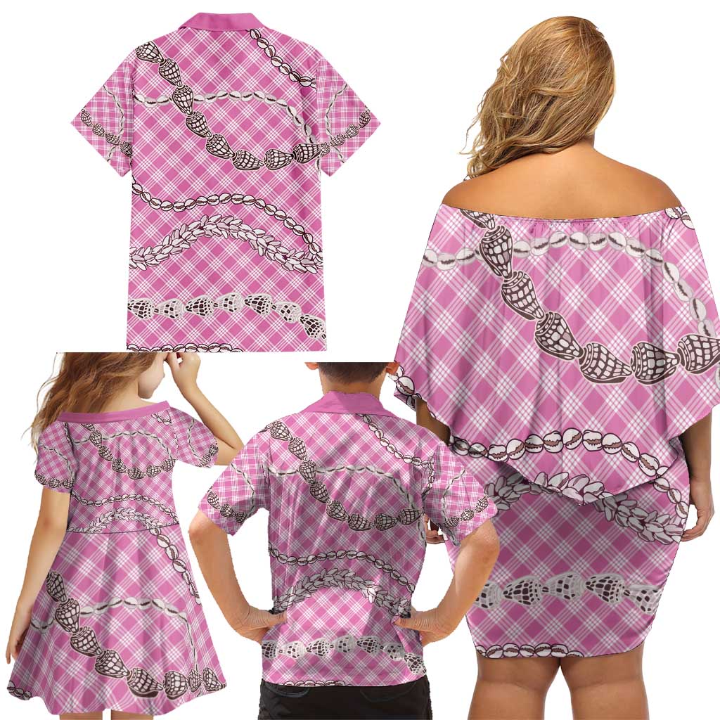 Pink Aloha Hawaii Shell Lei Family Matching Off Shoulder Short Dress and Hawaiian Shirt Palaka Hebrew Cone Honey Cowrie Elegant Curves - Polynesian Pride