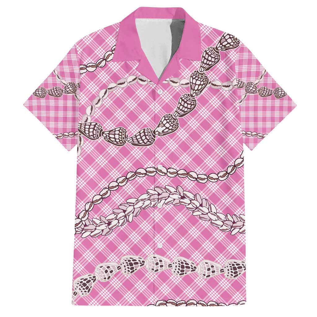Pink Aloha Hawaii Shell Lei Family Matching Off Shoulder Short Dress and Hawaiian Shirt Palaka Hebrew Cone Honey Cowrie Elegant Curves - Polynesian Pride