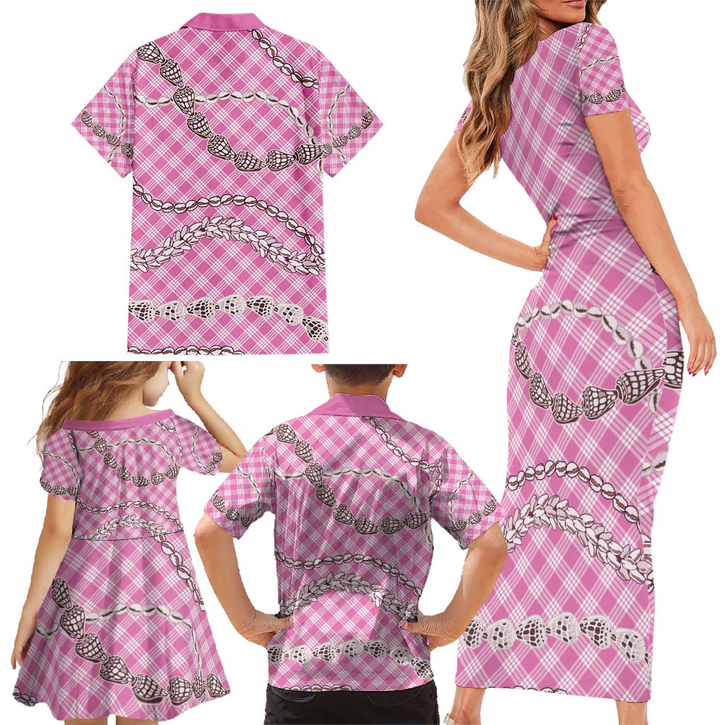 Pink Aloha Hawaii Shell Lei Family Matching Short Sleeve Bodycon Dress and Hawaiian Shirt Palaka Hebrew Cone Honey Cowrie Elegant Curves - Polynesian Pride