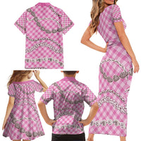 Pink Aloha Hawaii Shell Lei Family Matching Short Sleeve Bodycon Dress and Hawaiian Shirt Palaka Hebrew Cone Honey Cowrie Elegant Curves - Polynesian Pride