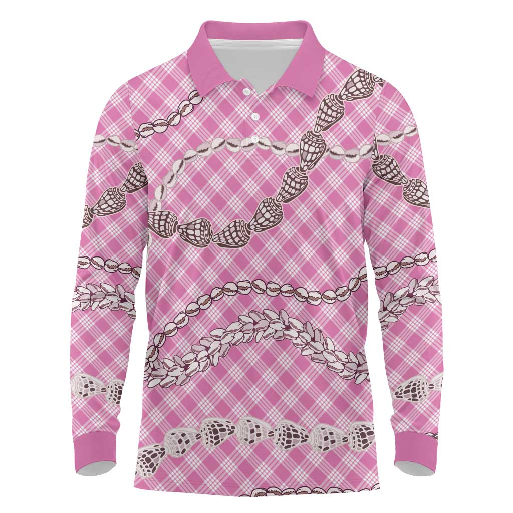 Pink Aloha Hawaii Shell Lei Long Sleeve Polo Shirt Palaka Hebrew Cone Honey Cowrie Elegant Curves - Polynesian Pride