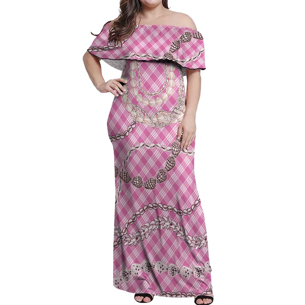 Pink Aloha Hawaii Shell Lei Off Shoulder Maxi Dress Palaka Hebrew Cone Honey Cowrie Elegant Curves - Polynesian Pride