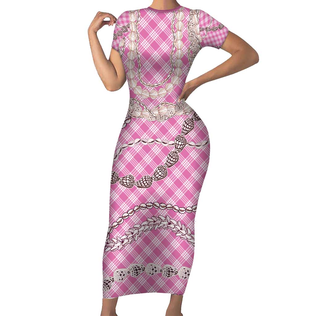 Pink Aloha Hawaii Shell Lei Short Sleeve Bodycon Dress Palaka Hebrew Cone Honey Cowrie Elegant Curves - Polynesian Pride