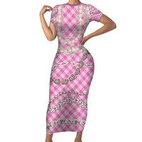 Pink Aloha Hawaii Shell Lei Short Sleeve Bodycon Dress Palaka Hebrew Cone Honey Cowrie Elegant Curves - Polynesian Pride